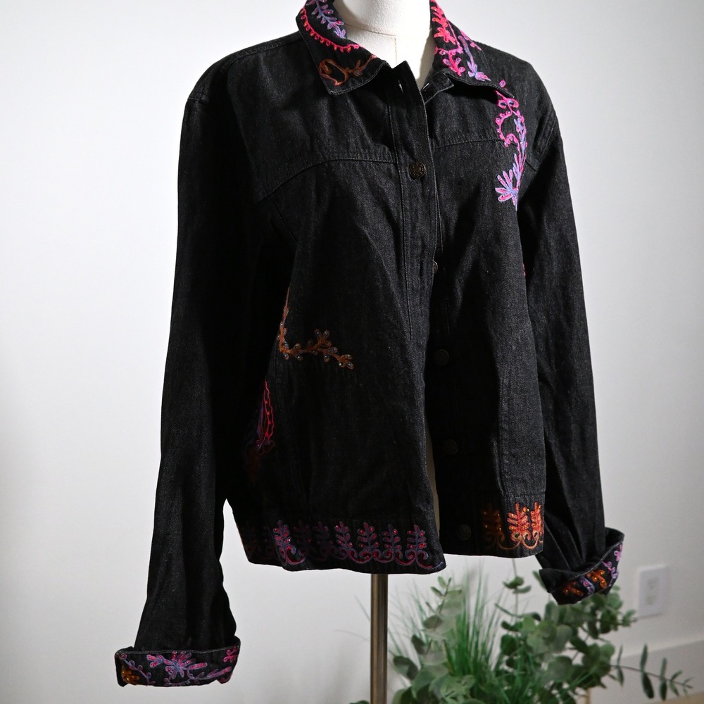Coldwater Creek Womens XL Black Denim Jacket Embroidered Paisley Beaded Boho